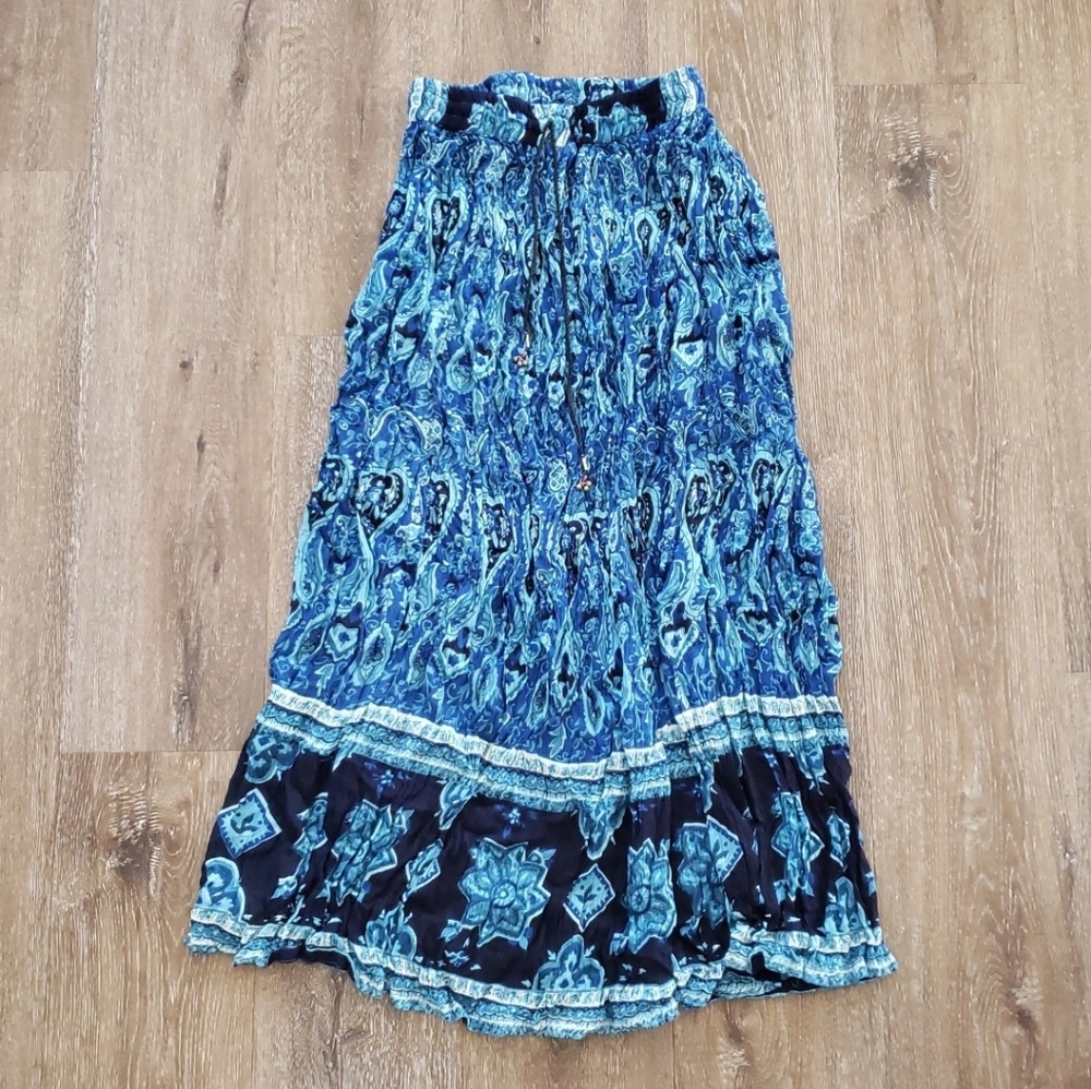 Vintage Classic 90s Boho Broomstick Crinkle Maxi Skirt M, Blue Black Lightweight